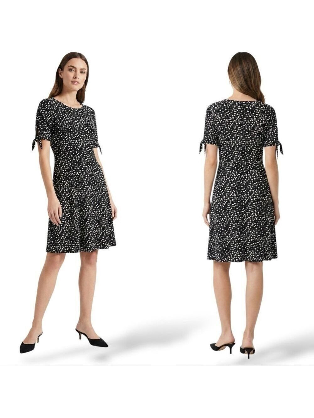 TALBOTS Petite Black White Floral Print Fit And Flare Short Sleeve Dress US MP
